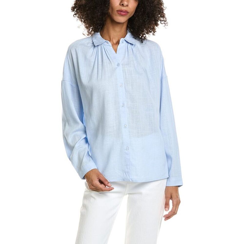 Max Studio Womens  Shirred Yoke Linen-Blend Shirt, Blue